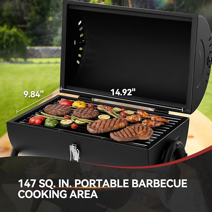 Royal Gourmet CC1015W Portable Charcoal Grill 147 sq. in. Cooking Grid Wooden Handle Tabletop BBQ Grill for Outdoor Barbecue Camping Picnic Backyard Patio Black