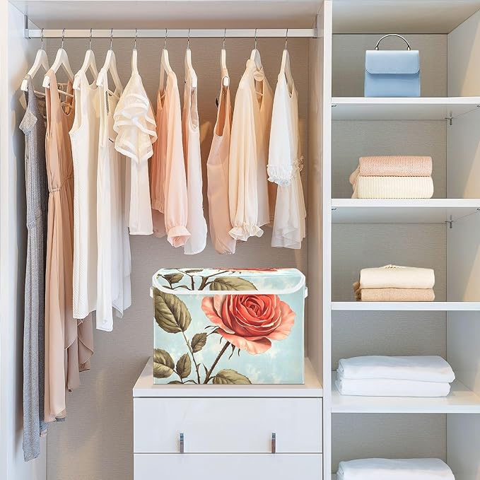 AIXIWAWA Lidded Storage Cube (Vintage Flower) Fabric Foldable Closet Bins with Flip Lid and Handles Organizer Basket Container 16.5 x 12.6 x 11.8 IN