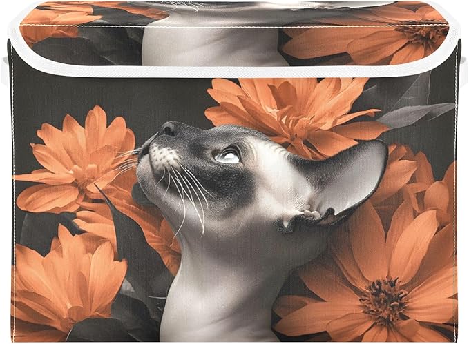 AIXIWAWA Lidded Storage Cube (Floral Cats) Fabric Foldable Closet Bins with Flip Lid and Handles Organizer Basket Container 16.5 x 12.6 x 11.8 IN