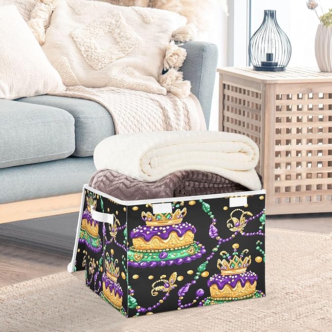 Doodle Mardi Gras King Cake Pattern-1735032947326 Foldable Storage Baskets Fabric Boxes with Handle Organizers with Flip-Top Lids Storage Bins for Home Bedroom Office