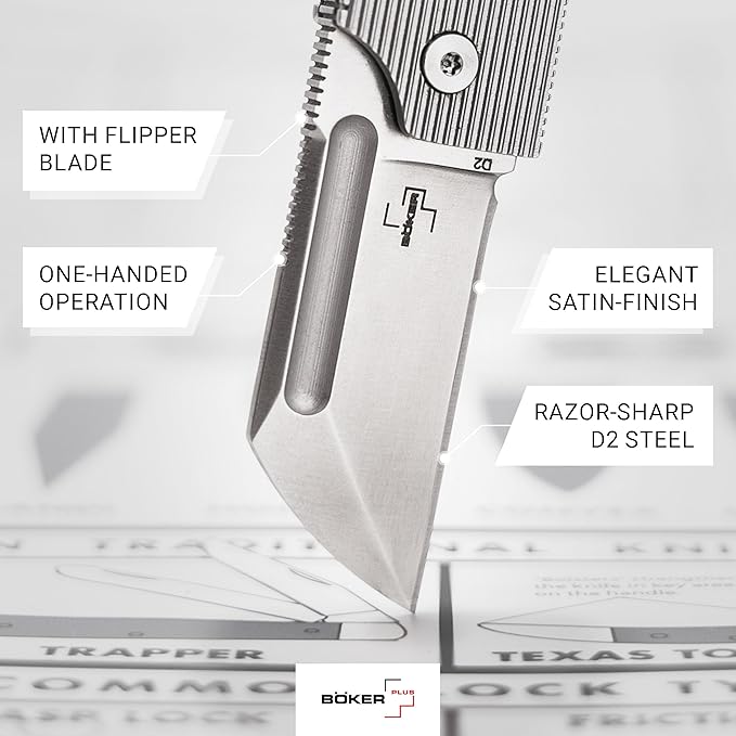 BOKER PLUS BabyX Flipper Steel – Ball-Bearing EDC Mini Pocket Knife with D2 Sheepfoot Blade – Small One-Hand Folding Knife with Stainless Steel Handle and Clip – Pocket Knife in Gift Box