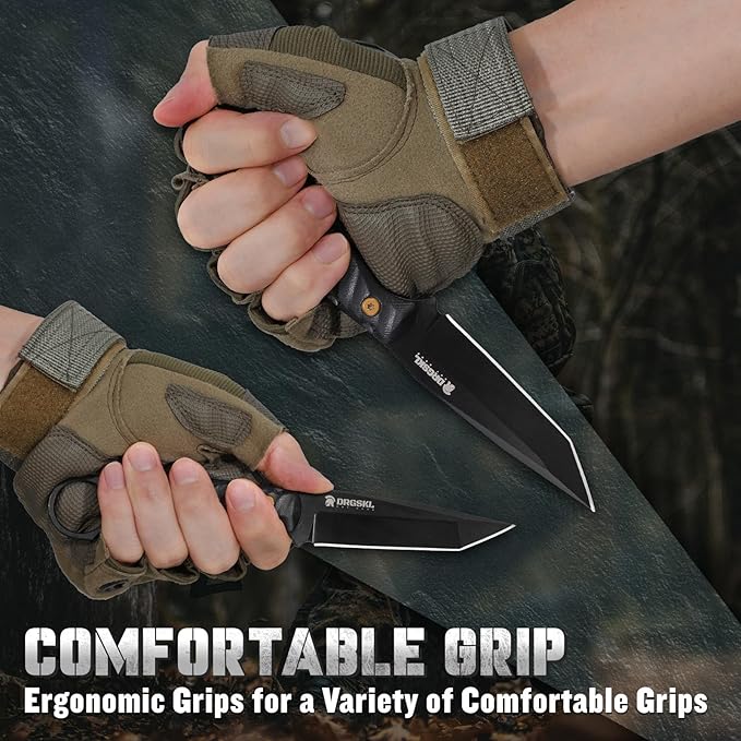 Tanto Fixed Blade Knife - Full Tang Survival Knives for Bushcraft Camping Knives with Sheath Black Knives Forged from a Single Piece of D2 Steel Ideal Gift for Men