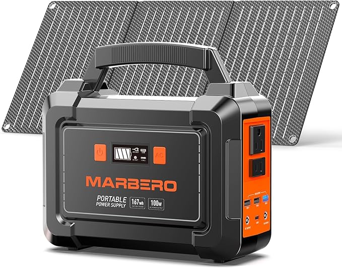 MARBERO Solar Generator 162.8Wh Camping Portable Power Station 200W Peak with Foldable Solar Panels 30W with AC Outlet 110V Multi-Port LED Flashlights for CPAP Home Camping Hurricane Emergency