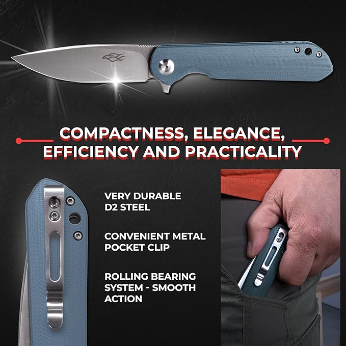Firebird GANZO FH41S-GY Pocket Folding Knife D2 Steel Blade G10 Anti-Slip Handle with Clip Fishing Hunting Camping Outdoor Flipper EDC Pocket Knife Best Gift for Men and Women (Grey)