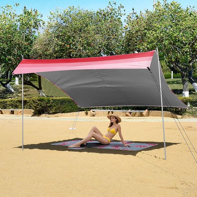 ALAZA Pink Red Striped Beach Tent Sun Shelter Portable Canopy Sunshade for Outdoor Camping Picnics Backyard Fun 10x9 ft