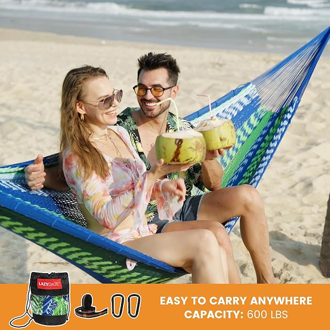 Lazy Daze Hammocks Handwoven Mayan Hammock 10.5 FT Soft Rope Double Hammocks Portable Outdoor Hammock with Carry Bag 2 Straps &amp Carabiners for Patio Outside 550 lbs Weight Capacity Blue/Green
