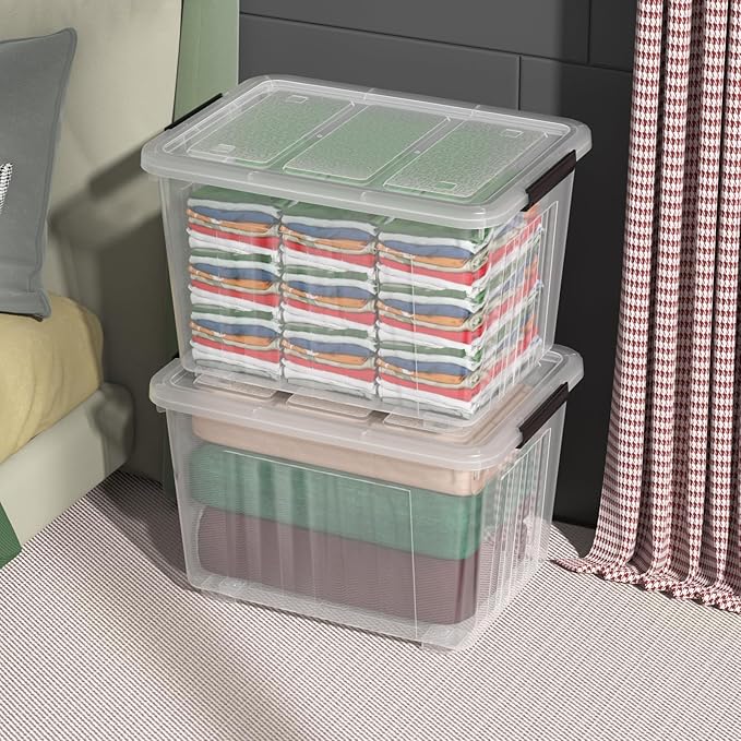 4 Packs Large 70 L Plastic Stackable Storage Bins with Wheels and Latching Lid Clear Storage Container Tote