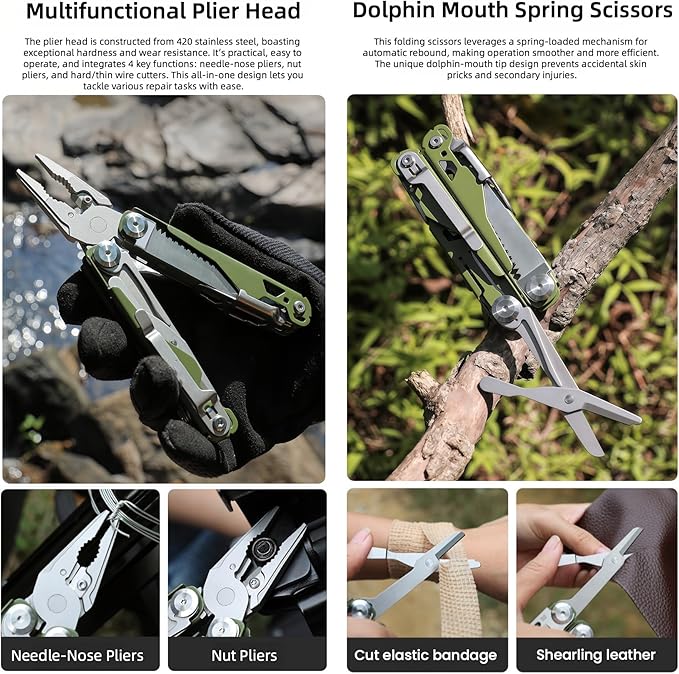 Multitools 19-in-1 Full-Size Lightweight EDC Multi-Purpose Pliers Nylon Bag Folding Knife Tactical Gear Tools Men Gift Ideas Equipment for Emergencies Hiking and Outdoor Camping (Green)