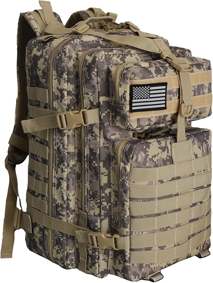 WOLT Military Tactical Backpack for Men 45L Molle Backpack 3 Day Assault Pack Bug Out Bag Heavy Duty Rucksack for Hiking Gym Camouflage Khaki