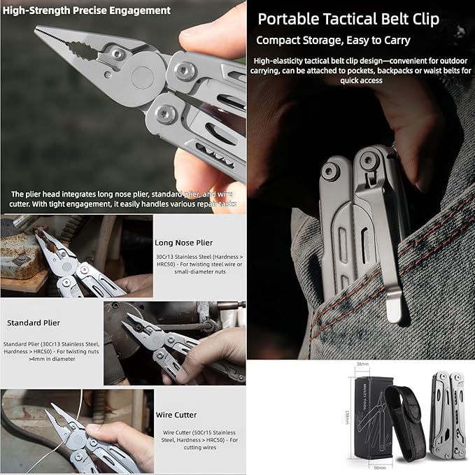 Multitool 15-in-1 Full-Size Multi-Purpose Pliers Lightweight EDC Tactical Gear With Safety Locking Camping Knives &amp Tools Mens Gifts Ideas Gifts for Hunters Men who have Everything (Silver