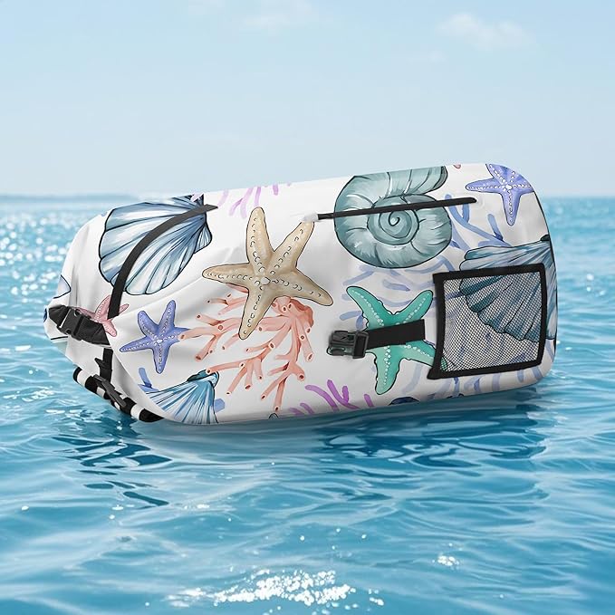 Waterproof Backpack Heavy Duty Marine Dry Bags for Kayaking Hiking Fishing Travel Backpack Roll-Top Closure Bag with Waterproof Phone Case - Sea Shell Coral Nautical Starfish 35L/55L/85L