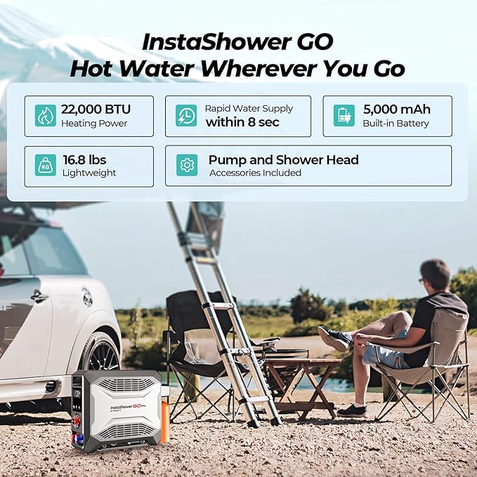 FOGATTI InstaShower GO Pro Portable Propane Hot Shower System 22000 BTU Instant Water Heater with 5000mAh Built-in Battery 12V Pump All-in-One Outdoor Shower for Camping Pets &amp Off-Grid Use