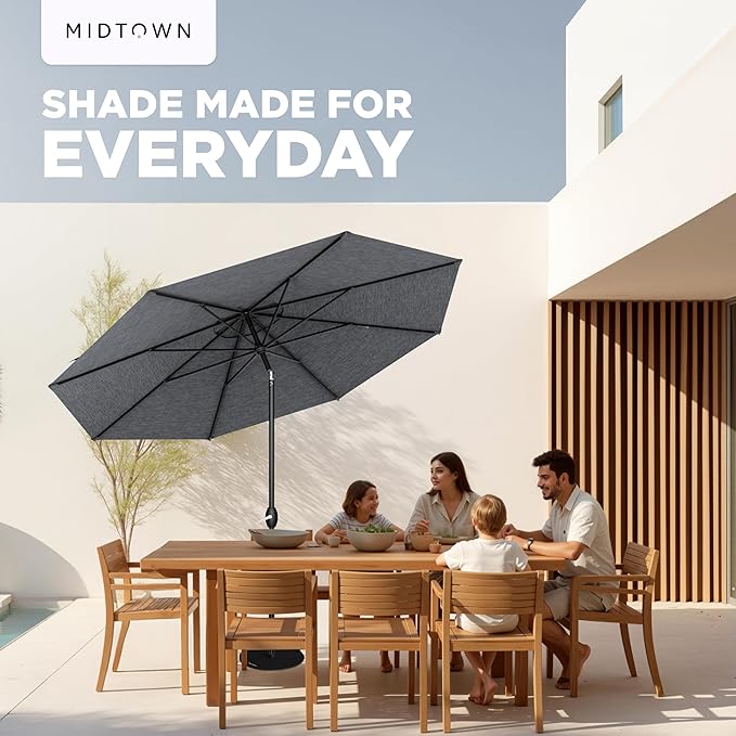 Midtown Umbrellas 10-Year-No-Fade - 9 Ft - UV Proof Heather Grey Polyester Fabric - Umbrella Outdoor Patio Auto-Tilt Aluminum Frame Patio Umbrella for Garden Pool &amp Deck - Black Pole