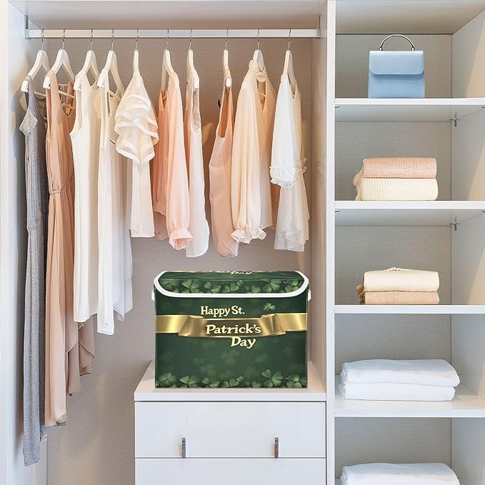 Storage Baskets with Lids Happy St. Patrick's Day Collapsible Bins Stackable Fabric Linen Baskets Closet Organizer Container 16.5x12.6x11.8