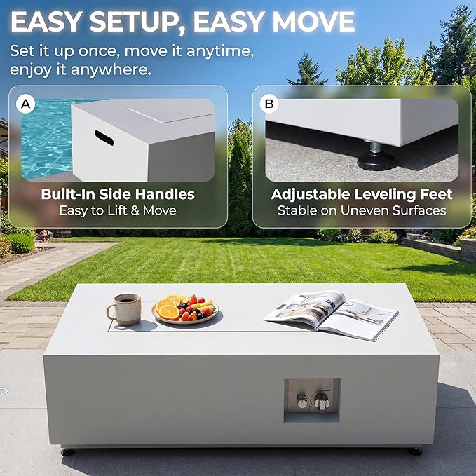RADIATA 42” Rectangle Propane/Natural Gas Fire Pit for Outside Patio Elegant Minimalist Lowprofile Firepit Table with Tank Table Long Large 50000BTU Durable Sturdy Fireplace for Outside Urban White