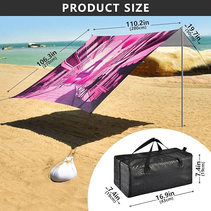 Eiffel Tower Beach Canopy Sun Shelter with Sandbags &amp Sand Shovel &amp Windproof Ropes - Portable 110x126 Beach Shade Beach Tent for Camping Picnics