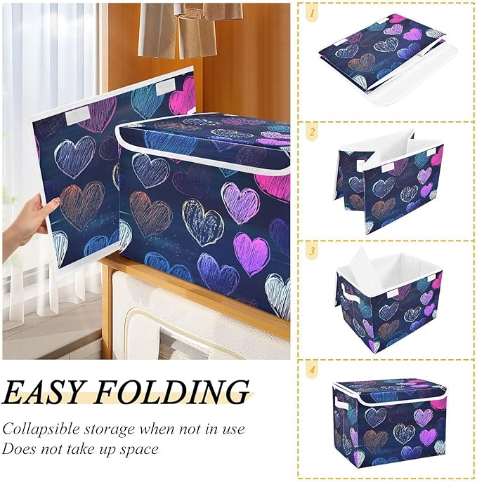 Storage Cube with Lid Doodle Hearts Print 16.5×12.6×11.8 IN Collapsible Large Capacity Foldable Storage Basket Bin Organizer