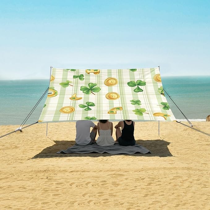 xigua St. Patrick's Day Beach Tent Sun Shelter with Carrying Bag - Silver Coated Oxford Fabric Beach Canopy for Beach Camping Fishing - Includes Windproof Ropes Sandbags &amp Stakes