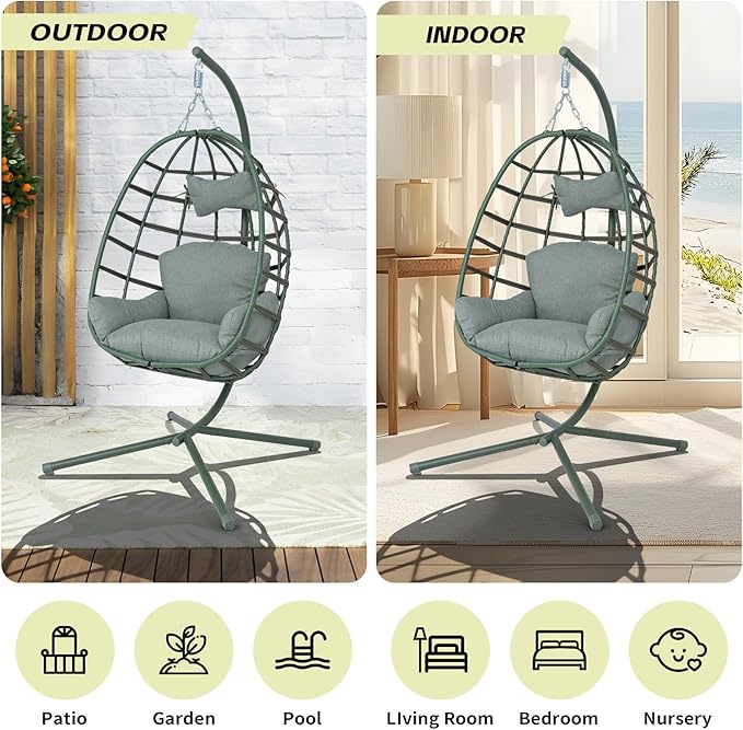 Hanging Egg Chair with Stand Outdoor Indoor Patio Rattan Swing Hammock Chairs with Washable Cushion 350lbs Capacity PE Wicker Swing Chair for Backyard Bedroom Garden (Dark Green + Dark Green Cushion)