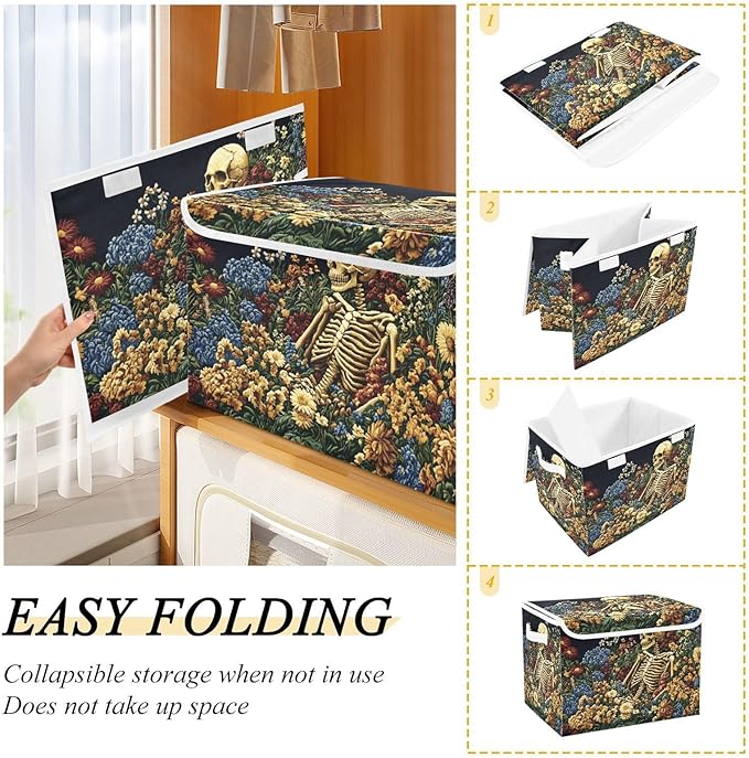 Storage Cube with Lid Art Skull Floral Print 16.5×12.6×11.8 IN Collapsible Large Capacity Foldable Storage Basket Bin Organizer