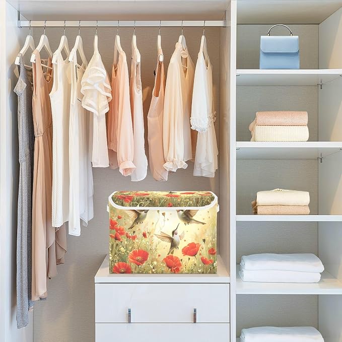 Collapsible Storage Bins with Lids Decorative Fabric Storage Cubes Closet Organizer and Storage Basket Boxes Containers for Clothes Box Chest Nursery Folding Rectangle Yellow Hummingbirds and