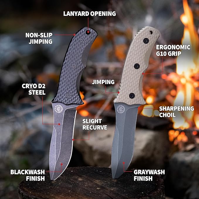 Off-Grid Knives - Backcountry Blackout V2 Fixed Blade with Cryo D2 Blade Steel Full Tang Grippy G10 Scales Kydex Sheath with Lo-Pro Belt Clip Camping Hunting Bushcraft Survival