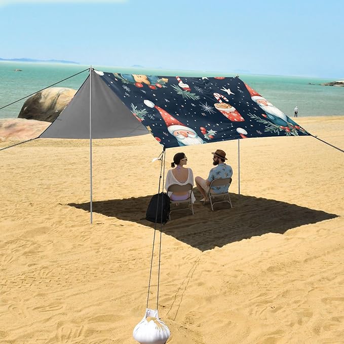 Winter Gnome Gingerbread Beach Tent Sun Shelter Set UPF50+ UV Protection 10.5 x 9.19 FT Camping Shade Canopy with Sandbags Sand Anchors Carrying Bag and Others
