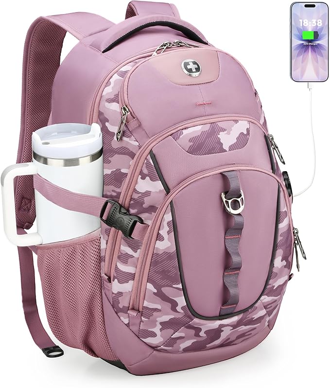 Swissdigital Design Laptop Backpack with USB Charging Port Travel Backpack Fits 15.6 inches Computer 31L College School Backpack for Men Pink Camo | SD803-93