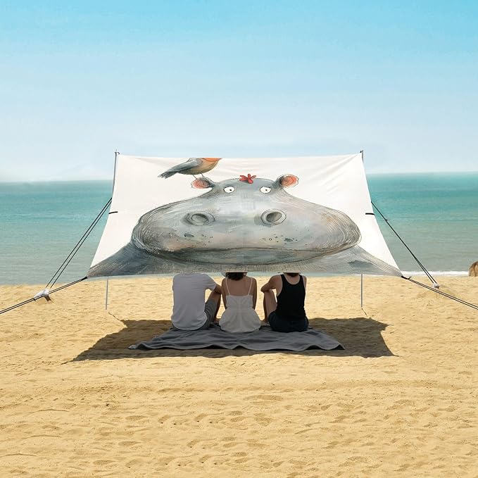 ALAZA Hippo Hippopotamus Bird Beach Tent Sun Shelter UPF50+ Protection Beach Shade Canopy w/ 4 Sandbags for Outdoor Camping Fishing Backyard Fun Picnic 10x9 ft