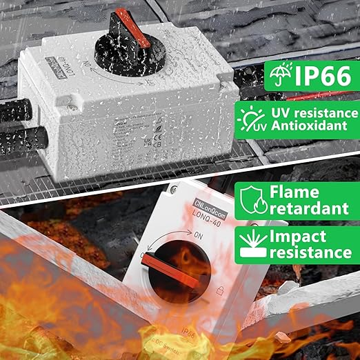 CNLONQ Solar PV Disconnect Switch 32 Amp DC1500V Rapid Shutoff Isolator Switch 1in 1out with Plug &amp Play Connector and IP66 Waterproof for Rooftop Solar Home Systems RVs and Boats