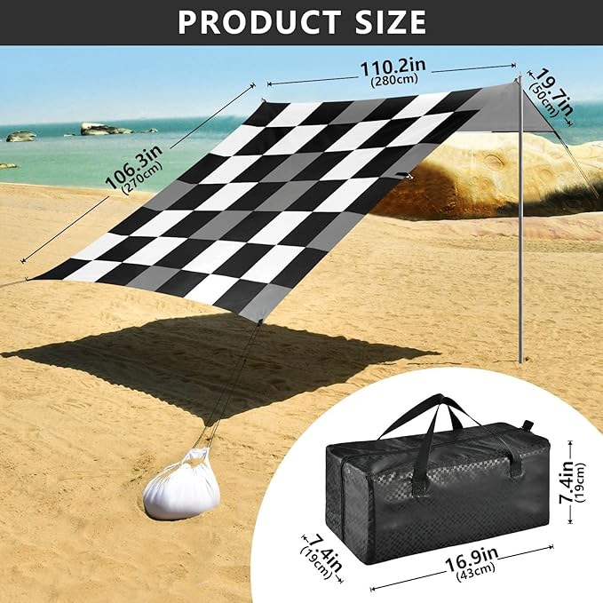 xigua Plaid Beach Tent Sun Shelter with Carrying Bag - Silver Coated Oxford Fabric Beach Canopy for Beach Camping Fishing - Includes Windproof Ropes Sandbags &amp Stakes