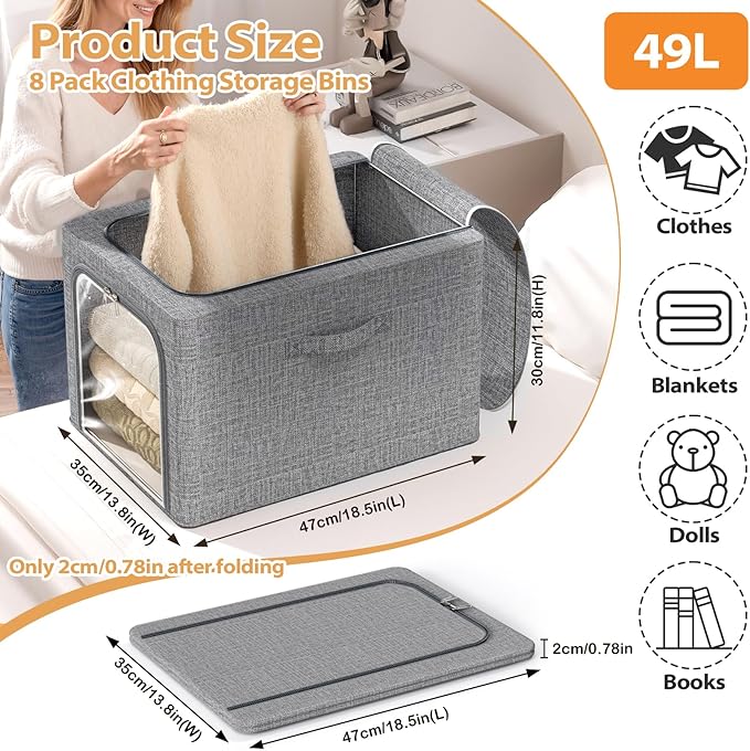 8 Pack Clothes Storage Bins with Metal Frame Foldable Clothing Storage Bins with Lids 49L Stackable Storage Box for Closet Fabric Organizer with Clear Window for Sweaters T-Shirts BeddingLight Grey