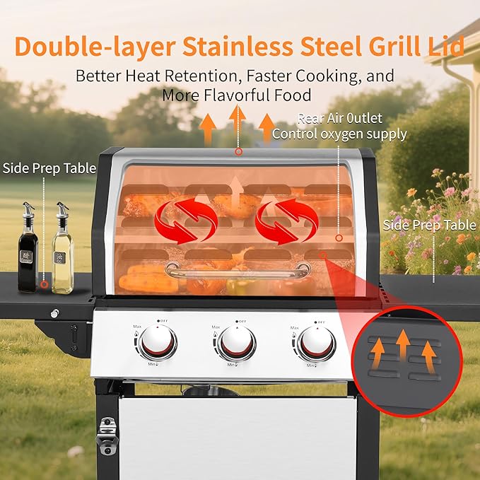 3-Burner Propane Gas Grill with 30000 BTU Output - Double-layer Stainless Steel Grill Lid Cast Iron Cooking Grids Easy-Clean Grease Management &amp Even Heat Distribution for Perfect BBQs