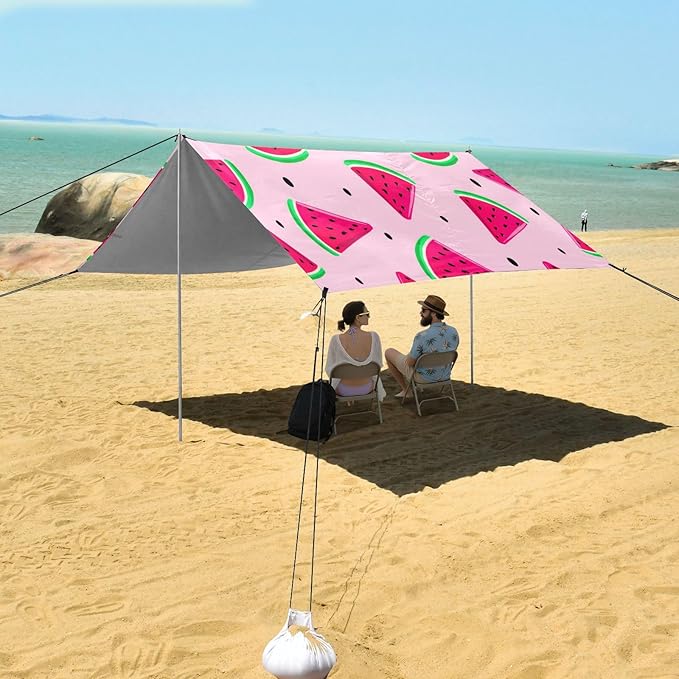 xigua Watermelon Beach Tent Sun Shelter with Carrying Bag - Silver Coated Oxford Fabric Beach Canopy for Beach Camping Fishing - Includes Windproof Ropes Sandbags &amp Stakes