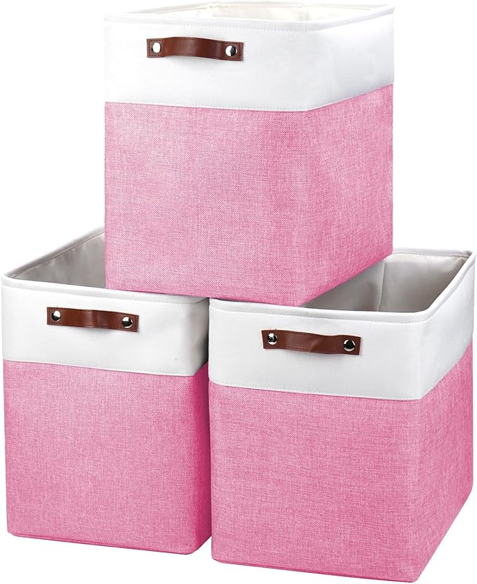 Large Fabric Storage Baskets | 50L Storage Bins Decorative Linen Closet Baskets with Handles for Organizing Shelf Toys Clothes Home Office Nursery 17x12x15Inches (Pink&ampWhite)