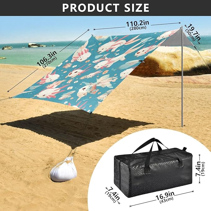 Lovely Axolotl Pattern Beach Tent UPF50+ Waterproof Shade Sun Shelter with Sandbags and Shovel for Camping Picnics Backyard