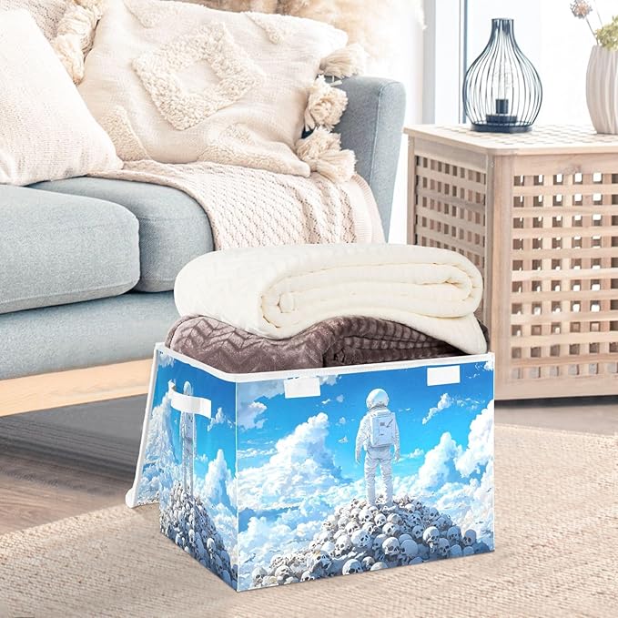 Storage Cube with Lid Skull Pile Astronaut Print 16.5×12.6×11.8 IN Collapsible Large Capacity Foldable Storage Basket Bin Organizer