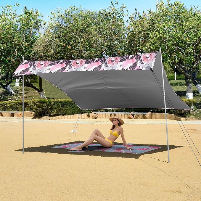 ALAZA Pink Peony Flower Watercolor Beach Tent Sun Shelter UPF50+ Protection Beach Shade Canopy w/ 4 Sandbags for Outdoor Camping Fishing Backyard Fun Picnic 10x9 ft