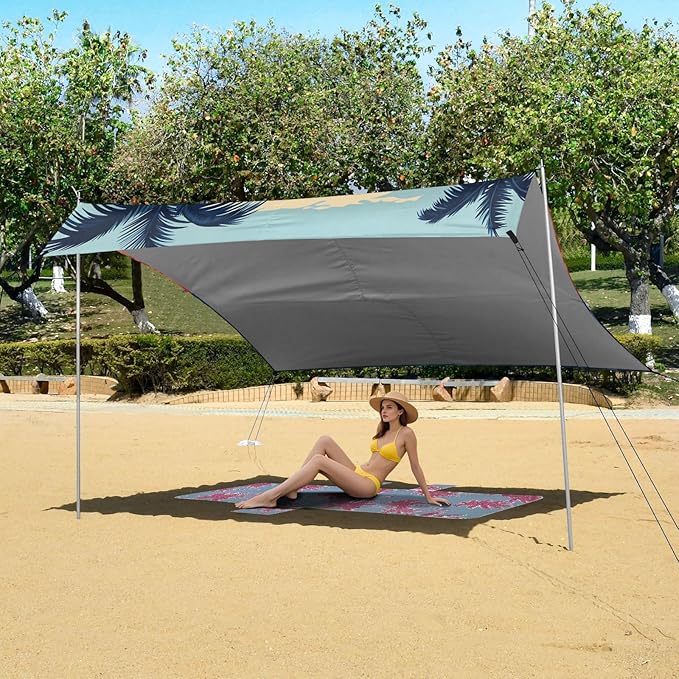 ALAZA Palm Sunset Seaside Beach Tent Sun Shelter UPF50+ Protection Beach Shade Canopy w/ 4 Sandbags for Outdoor Camping Fishing Backyard Fun Picnic 10x9 ft