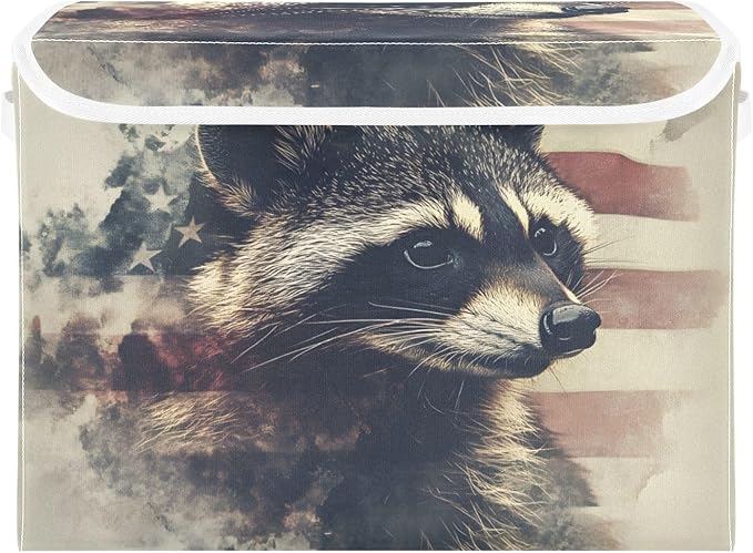 Storage Cube with Lid Raccoon American Print 16.5×12.6×11.8 IN Collapsible Large Capacity Foldable Storage Basket Bin Organizer