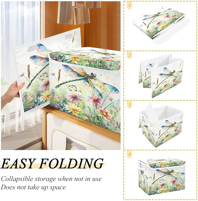 senya Baskets Collapsible Storage Bins with Lids Dragonfly Wildflowers Painting Storage Boxes Clothes Baskets for Organizing B06D22020