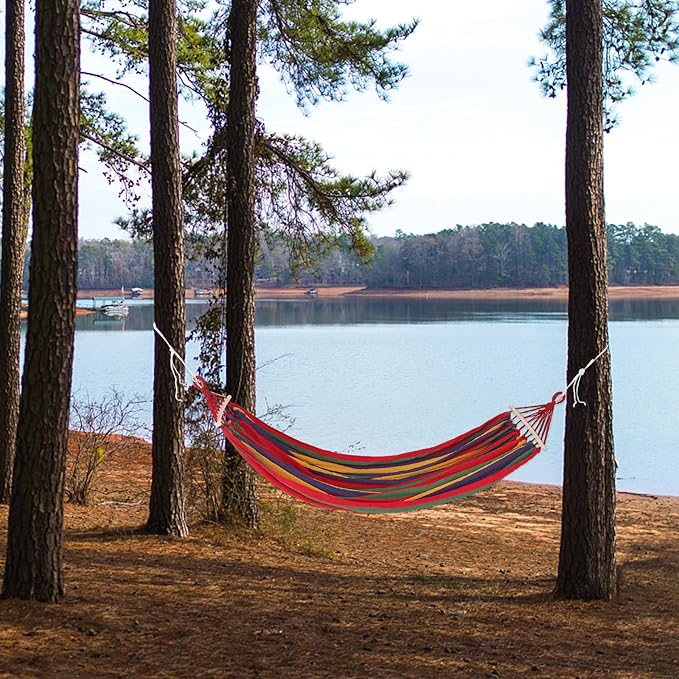 Extra-Wide Anti-roll Outdoor Hammock with Duckbill Buckles Travel and Garden Hanging Hammock for Two Striped Canvas Fabric Suitable for Camping Patio Yard Use