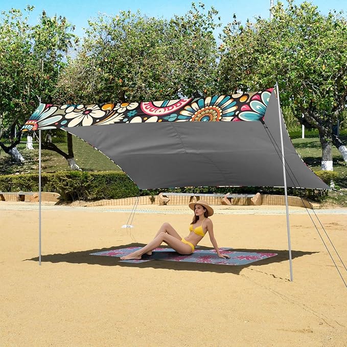ALAZA Daisy Flower Peace Vintage Beach Tent Sun Shelter UPF50+ Protection Beach Shade Canopy w/ 4 Sandbags for Outdoor Camping Fishing Backyard Fun Picnic 10x9 ft