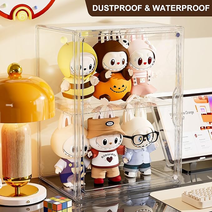 Acrylic Clear Display Case Stackable Plastic Storage Bins with Shelf Figure Figurine Hobby Display Case with Magnetic Lid Large Acrylic Display Box for Collectibles Figures 2 Pack