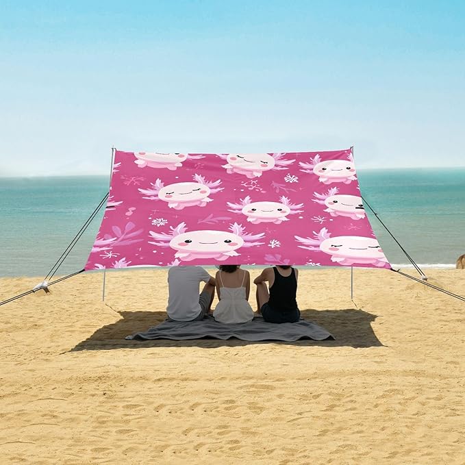 ALAZA Cute Axolotl Cartoon Beach Tent Sun Shelter UPF50+ Protection Beach Shade Canopy w/ 4 Sandbags for Outdoor Camping Fishing Backyard Fun Picnic 10x9 ft