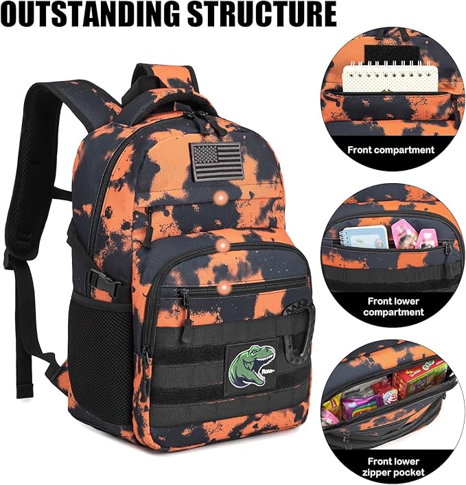 Kids Tactical Backpack Army Molle Bookbag Military Boys Backpack for School Outdoor Camping (Includes 2 Patches+1Carabiner) Mars CM
