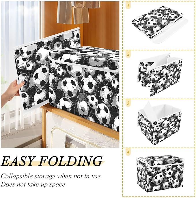 Black Soccers Collapsible Storage Bins with Lids Decorative Fabric Cubes Closet Organizer Basket Boxes Containers for Clothes Box Chest Folding Rectangle