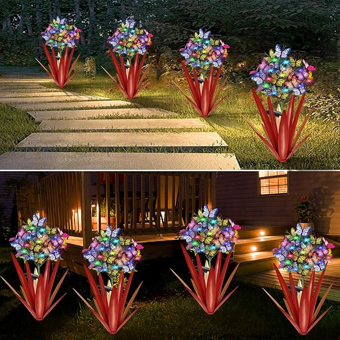 Homight Solar Metal Agave Butterfly Flower Stick Garden Sculpture - Outdoor Christmas Lights Swaying Solar Lights Gift (2 PCS RED)