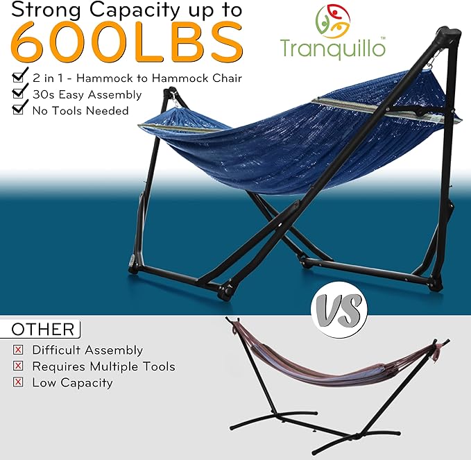 Tranquillo UniGen Hammock Hammock with Stand Heavy Duty Indoor/Outdoor Hammock with Signature Steel Stand 600lbs Premium Foldable Durable 2-Layered Soft Polyester Aegean
