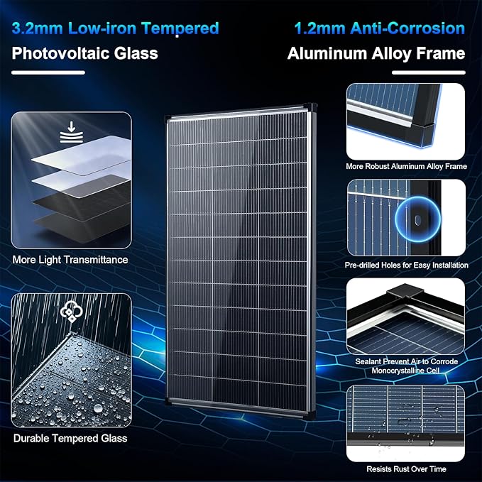 Solar Panels 200w bifacial n Type 18bb A+ Grade Solar Module IP68 Waterproof 25% high Efficiency Solar Cell 200 watt Solar Panel 12v for Off Grid RV Boat Rooftop Camper (200W Bifacial)